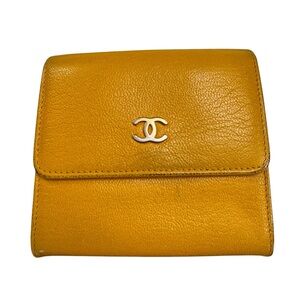 CHANEL Mustard Yellow Leather CC Logo Compact Wallet